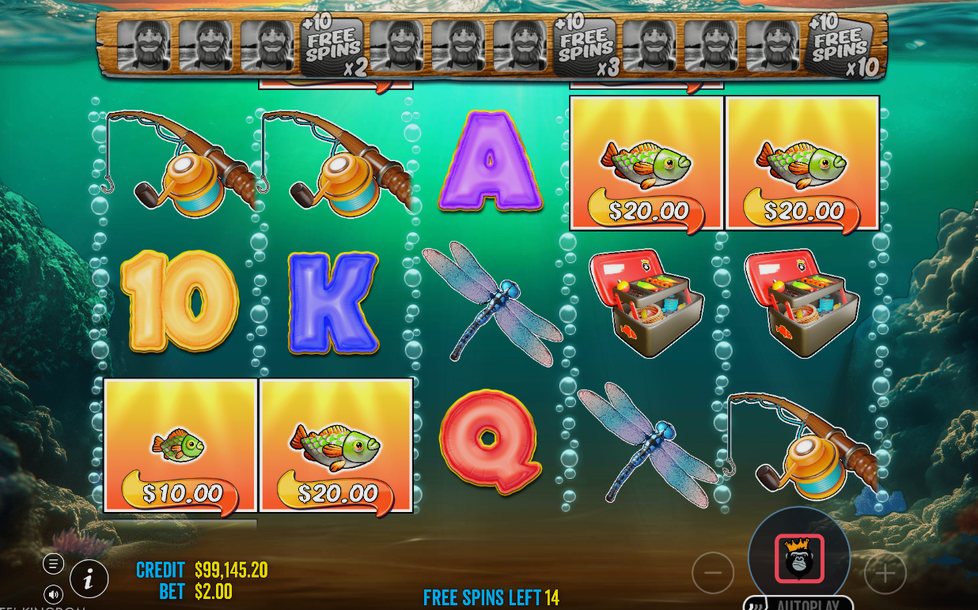 WILD Fisherman on all 5 reels, MONEY values visible