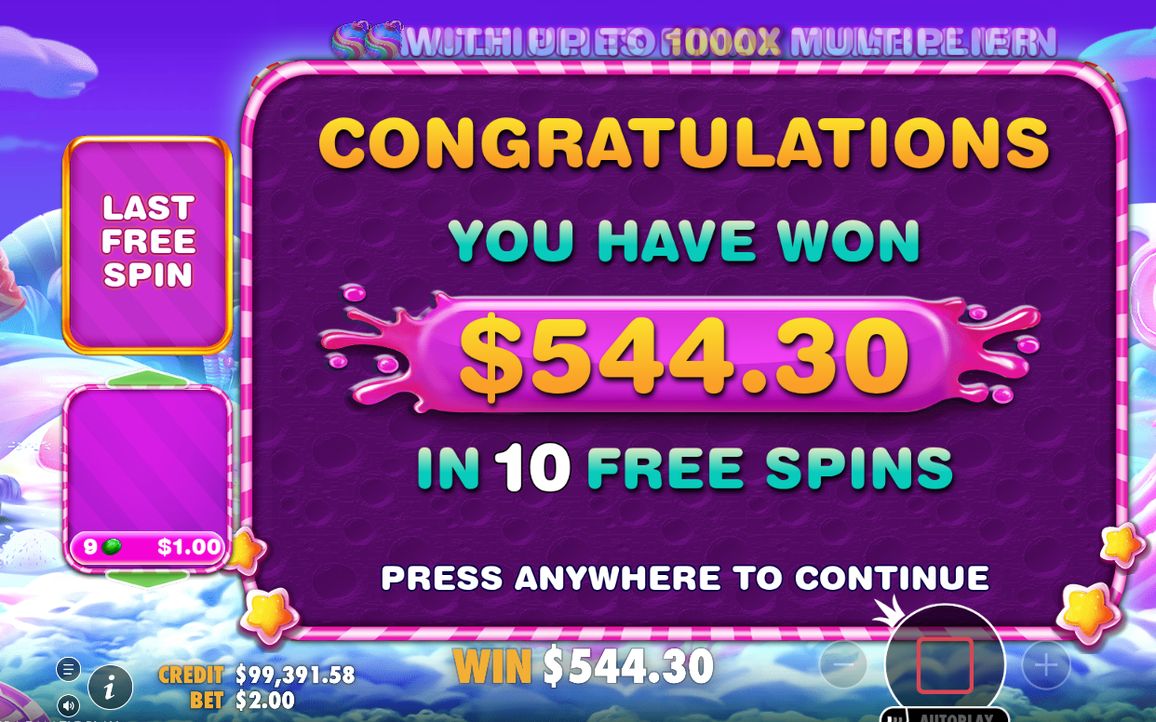 Win screen with the total from one spin